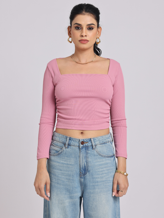 Pink Side Elastic Ruched Crop Top