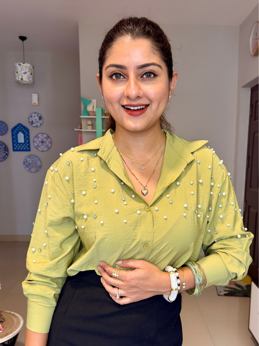Olive Green Fit Pearl & Diamond-Embellished Shirt