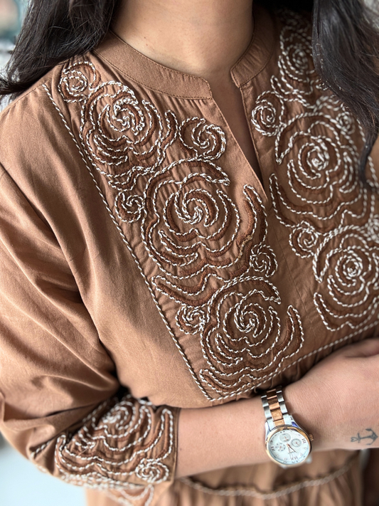 Mocha Rose Embroidered Cotton Dress