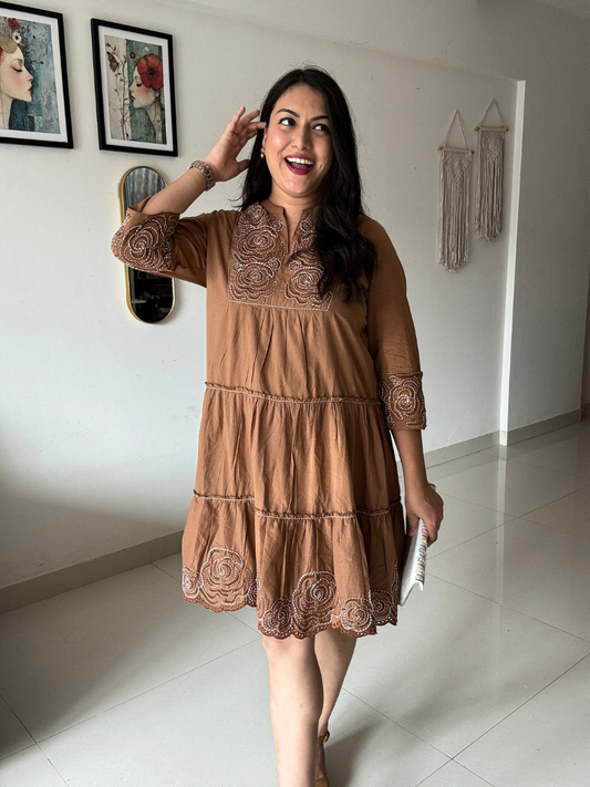Mocha Rose Embroidered Cotton Dress