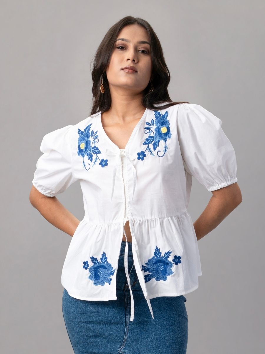 White Puff Sleeve Top with Blue Floral Embroidery