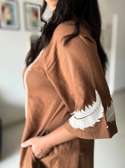 Mocha Brown Embroidered Flared Dress