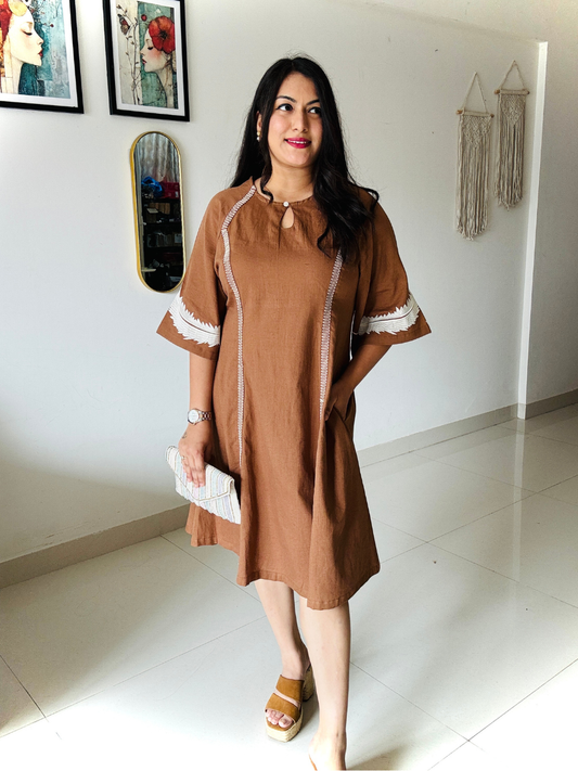 Mocha Brown Embroidered Flared Dress