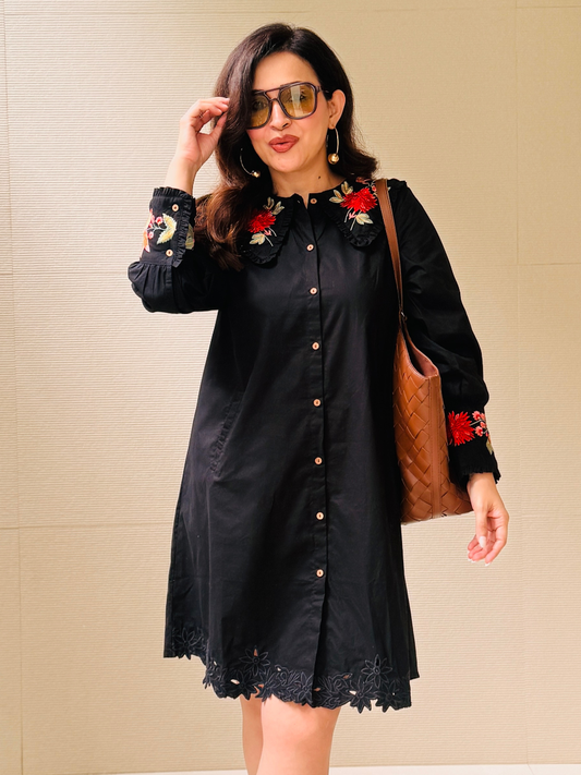 Embroidered Black Collar Dress