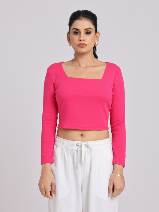 Premium Hot Pink Square-Neck Crop Top