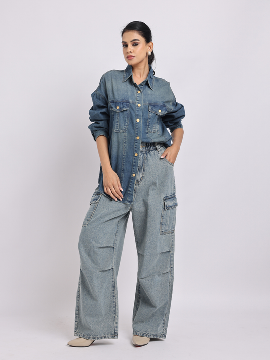Mid Blue Oversized Denim Shirt with Dropped Shoulder