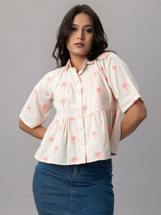Palm Breeze Peplum Cotton Shirt - Pink