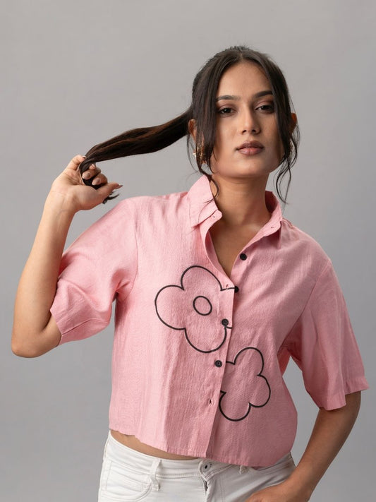 Pink Cropped Shirt with Black Floral Outline Embroidery