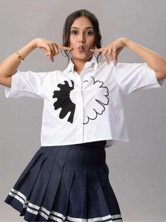 White Cropped Shirt with Black & White Flower Appliqué