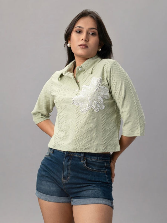 Olive Mist Textured Floral Polo Top
