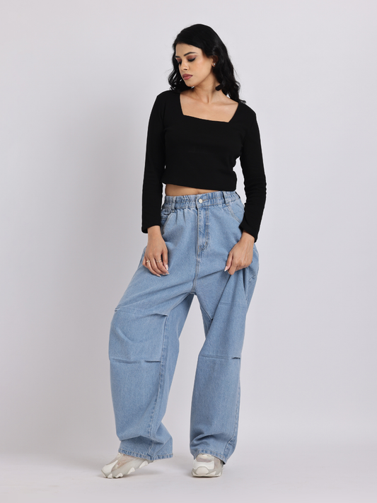 High-Waist Elasticated Wide-Leg Denim Jeans