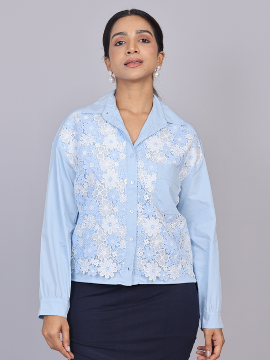 Sky Bloom Lace Cotton Shirt with Adjustable Hem