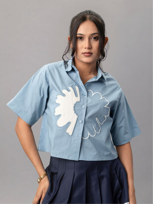 Sky Blue Cropped Shirt with Oversized White Appliqué Flower