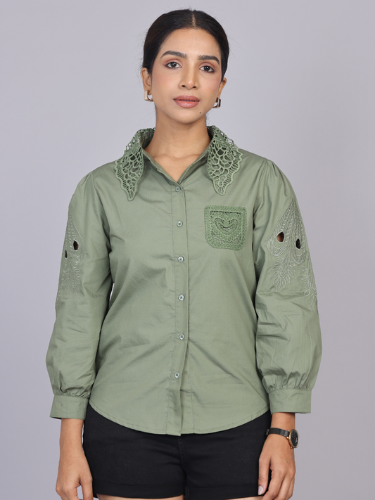 Olive Cutwork Embroidered Cotton Shirt