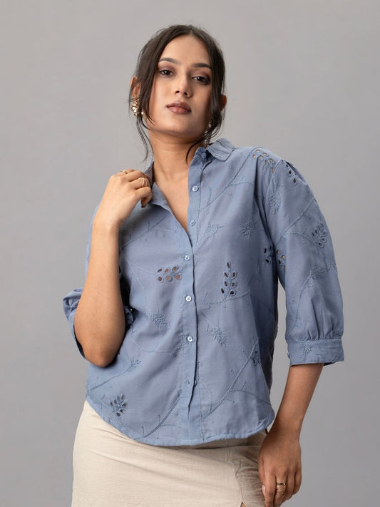 Blue Cotton Shirt with Cutwork Embroidery