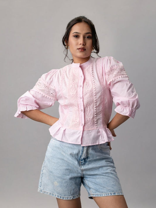 Rose Reverie Pink Lace Victorian Puff Sleeve Top