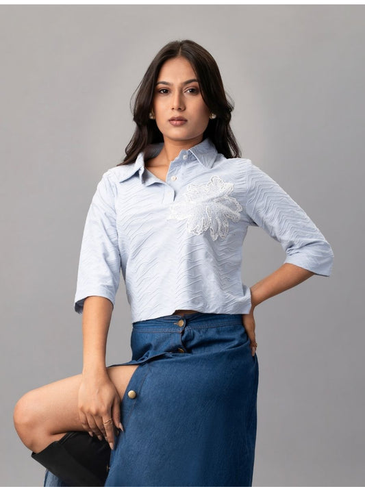 Sky Ripple Embroidered Collared Top