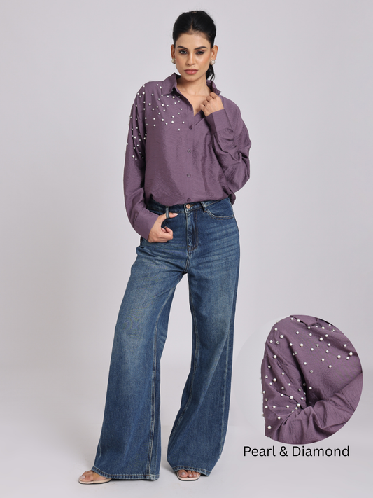 Purple Oversized Pearl & Diamond Embellished Shirt