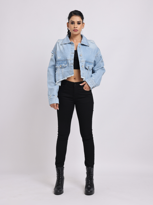 Light Blue Distressed Cropped Denim Jacket