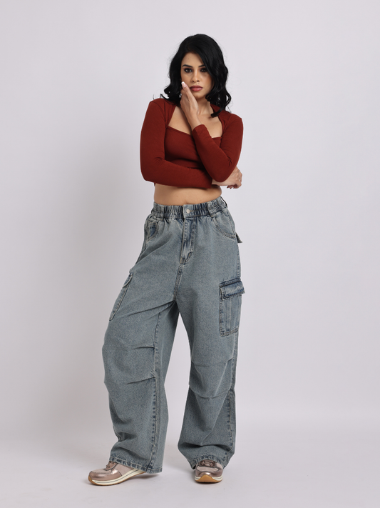 Relaxed Fit Cargo-Style Denim Jeans