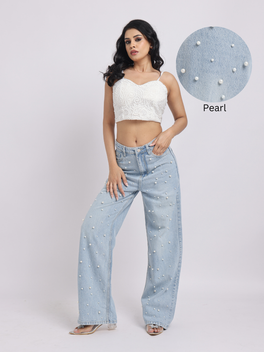 Light Blue Pearl-Embellished Wide-Leg Denim Jeans