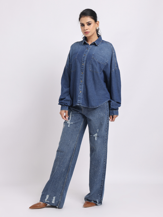 Oversized Dark Blue Denim Shirt with Dropped Shoulder