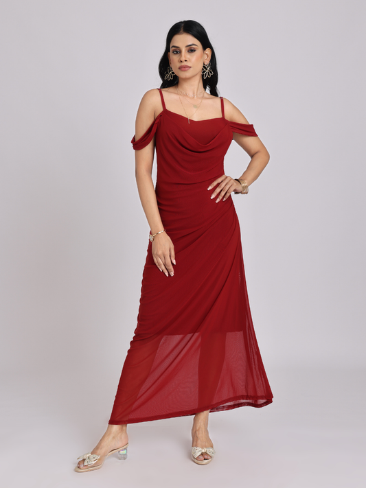 Maroon Red Draped Cold-Shoulder Maxi Dress