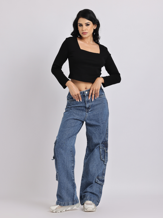 High-Waist Cargo Wide-Leg Jeans