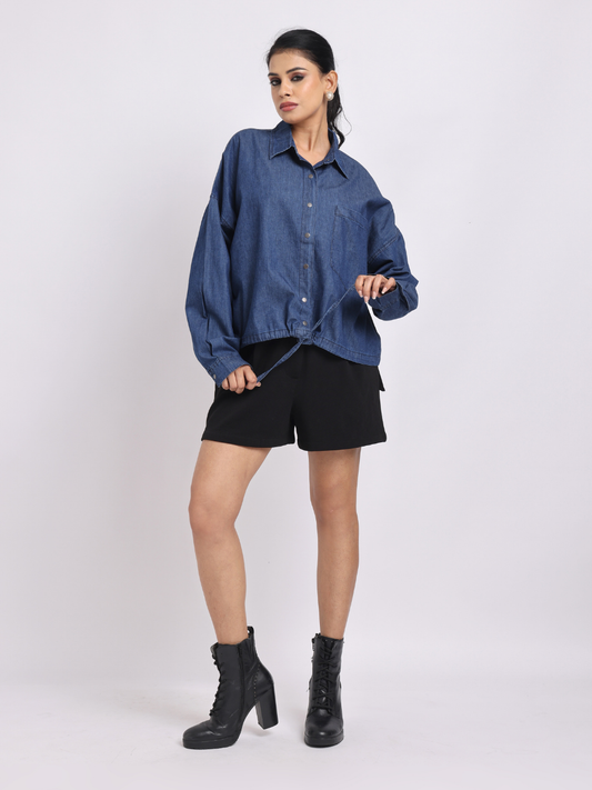 Drawstring Hem Denim Shirt