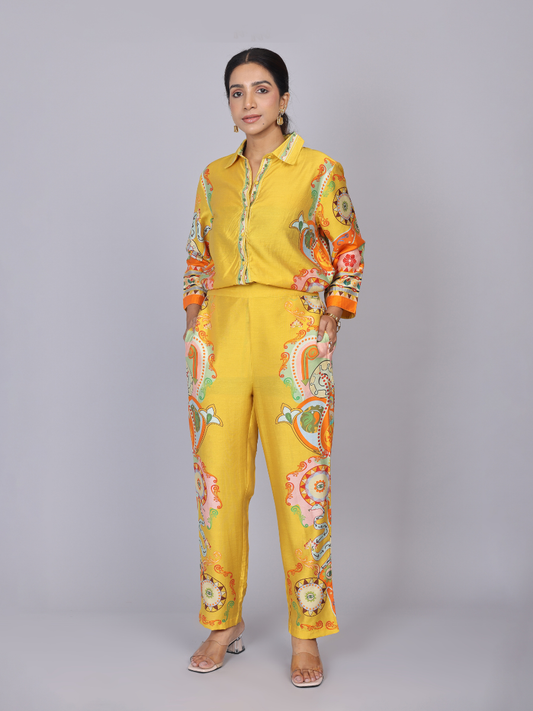 Yellow Silk Co-Ord Set with Floral Print