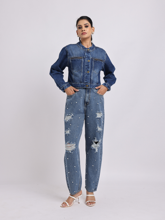 Blue Denim Jacket - Cropped Fit with Front Zipper Detail