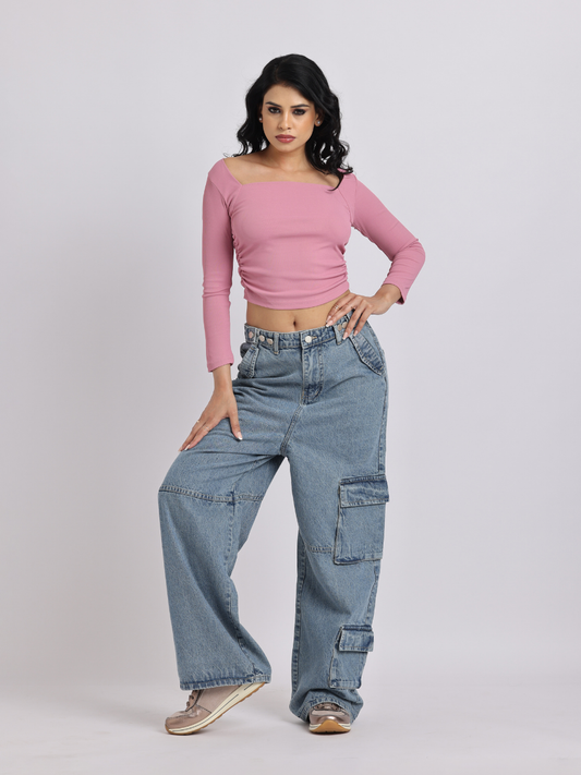 Blue Adjustable Waist Cargo Jeans