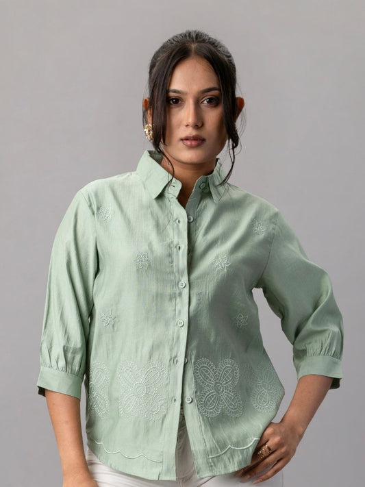 Sage Green Scallop Hem Embroidered Shirt