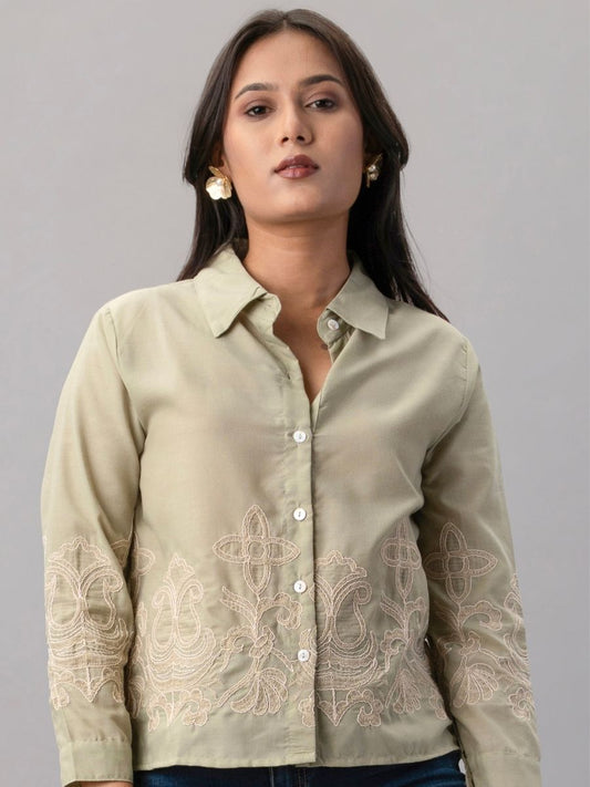 Olive Green Embroidered Button-Down Shirt