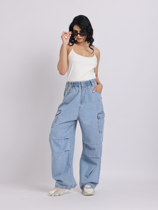 Light Blue Wide-Leg Cargo Jeans