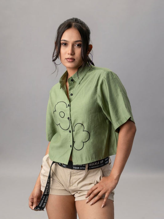 Sage Green Cropped Shirt with Floral Embroidery