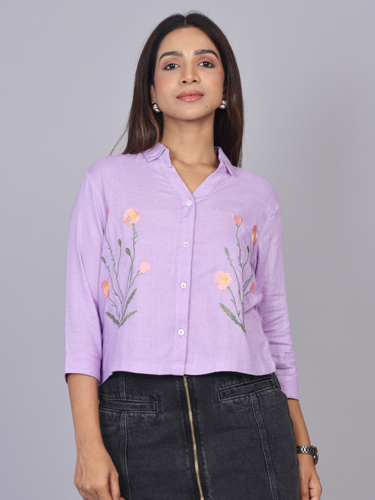 Lavender Blossom Embroidered Cotton Shirt