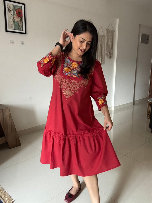 Red Embroidered Cotton Dress
