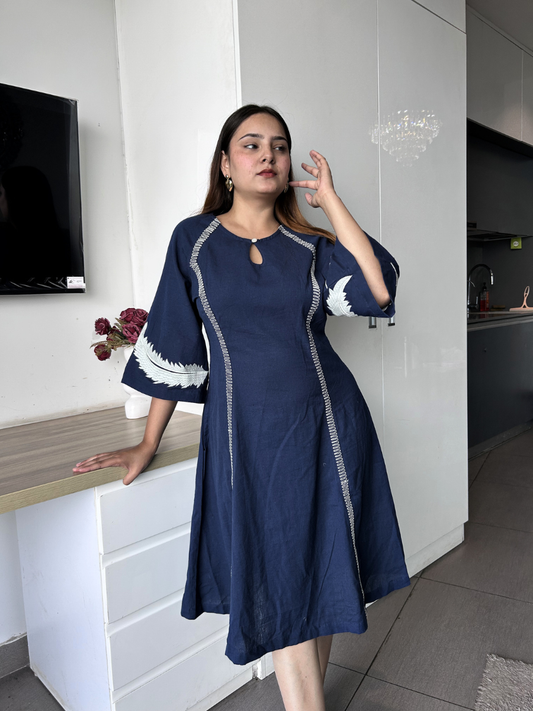 Midnight Blue Embroidered Flared Dress