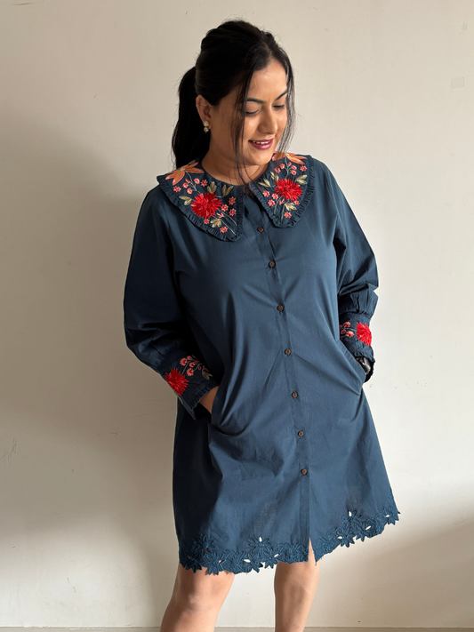 Embroidered Blue Collar Dress