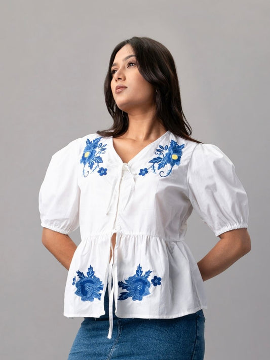 White Puff Sleeve Top with Blue Floral Embroidery
