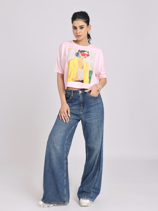Chic Graphic Print Relaxed Fit T-Shirt - Pink
