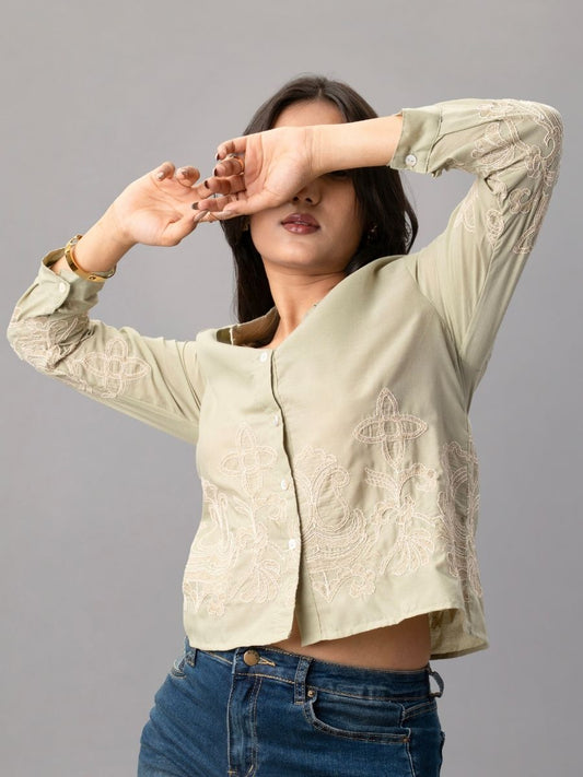 Olive Green Embroidered Button-Down Shirt