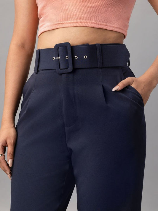 Navy High Waist Tapered Trousers with Belt