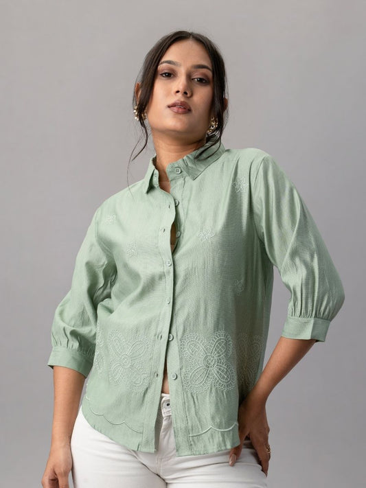 Sage Green Scallop Hem Embroidered Shirt