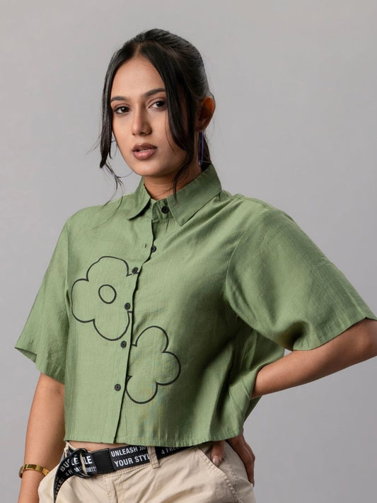 Sage Green Cropped Shirt with Floral Embroidery