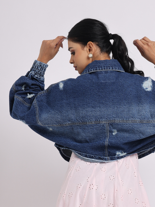 Dark Blue Distressed Denim Jacket with Zip Closure