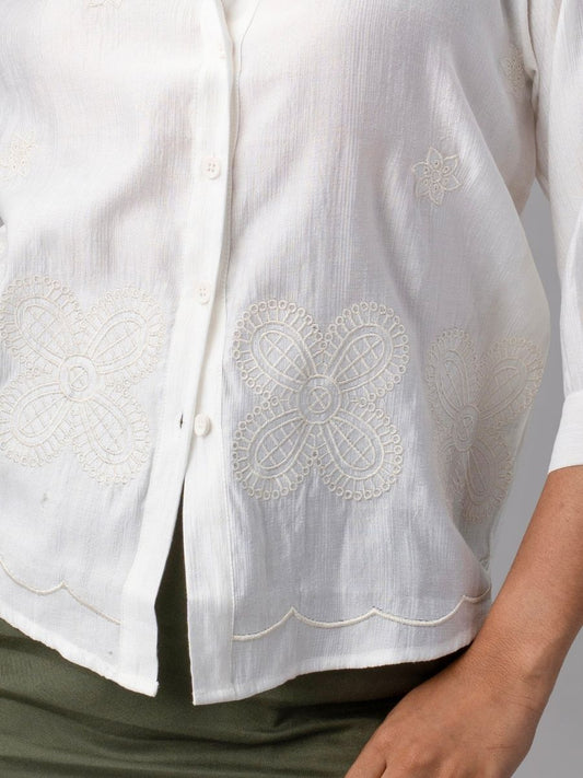 Classic White Embroidered Scallop Hem Shirt