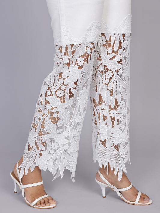 Floral Lace Applique Wide-Leg Jeans