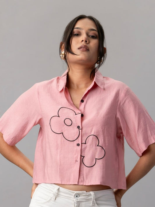 Pink Cropped Shirt with Black Floral Outline Embroidery